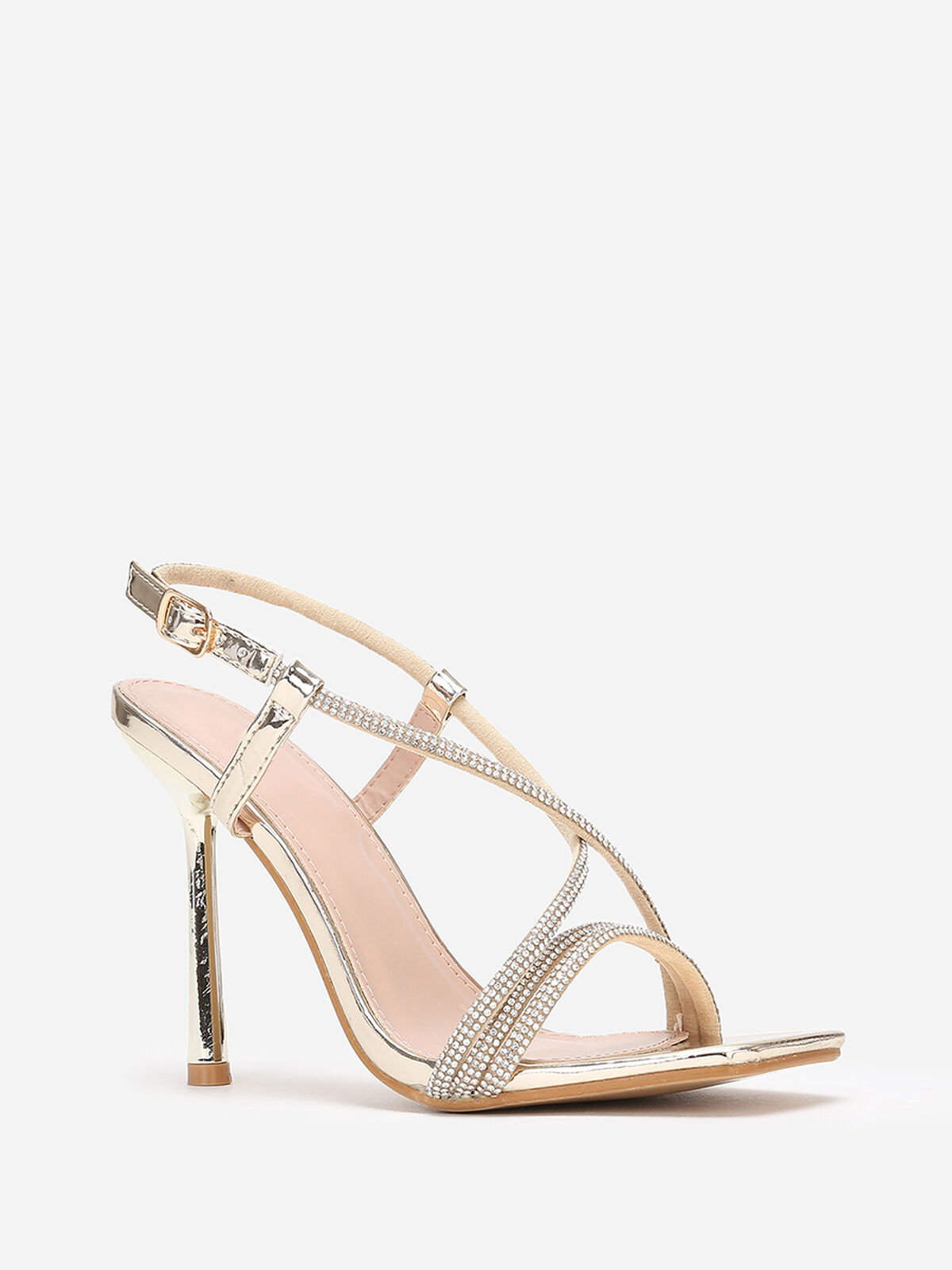 Sandales à talon fin et brides en strass- Doré