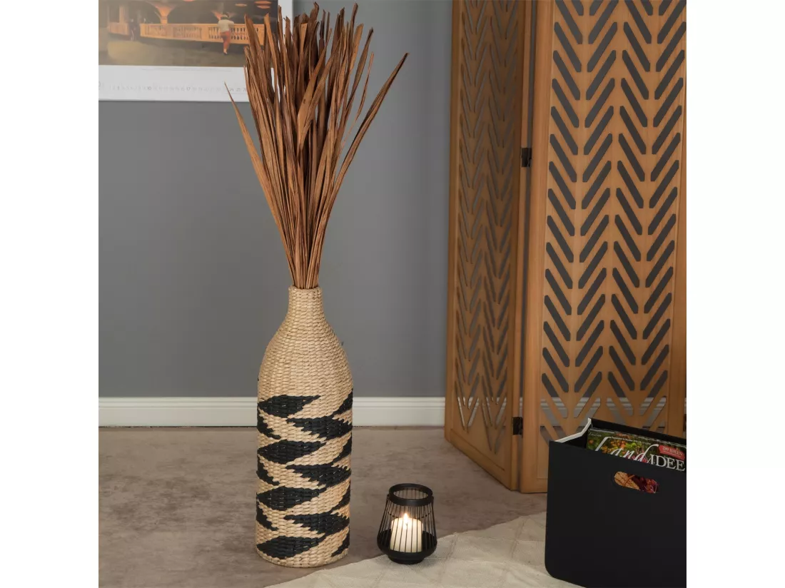 VASE Raya 60 cm, paille tressée nature-noir