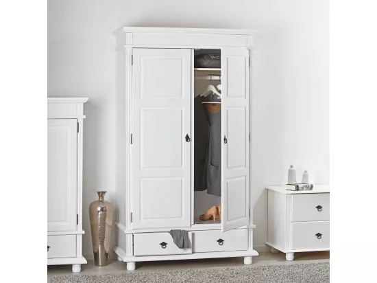 TRISTAN - Armoire 2 Portes 2 Tiroirs Bois Massif Vernis Blanc