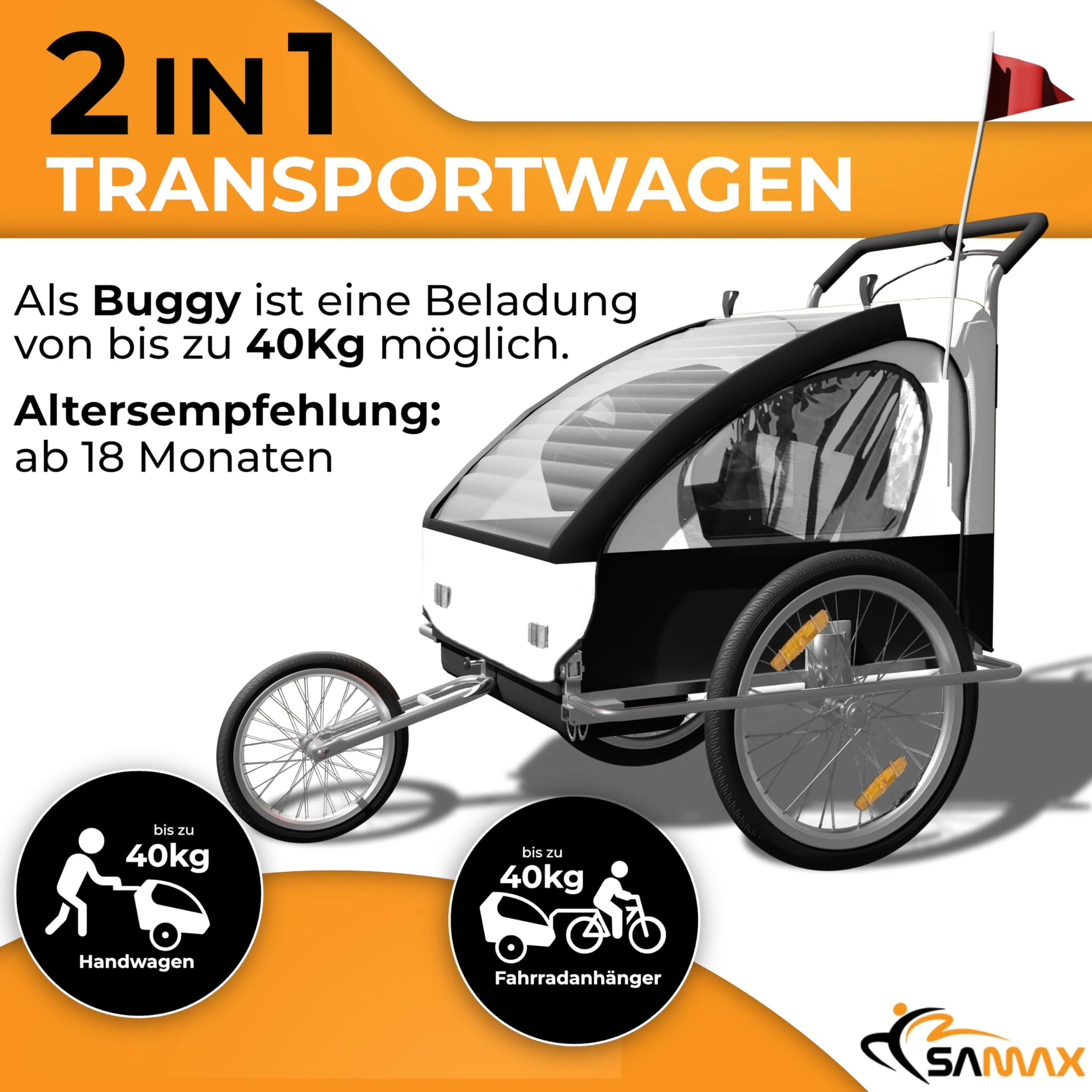 SAMAX Fahrradanhänger 2in1 Jogger - in Weiß/Schwarz - Silver Frame