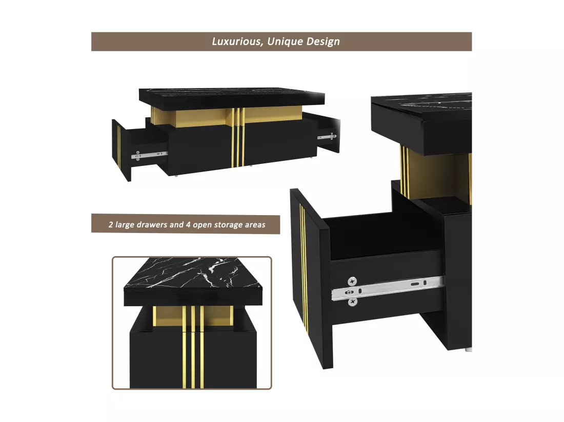Table basse avec 2 tiroirs - planche à motifs marbre - style scandinave - Noir