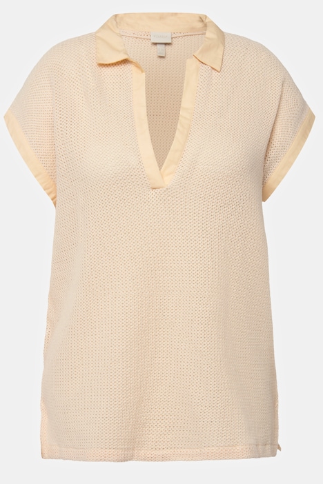 Pullover, Lochstrick, Polokragen, Halbarm, Biobaumwolle