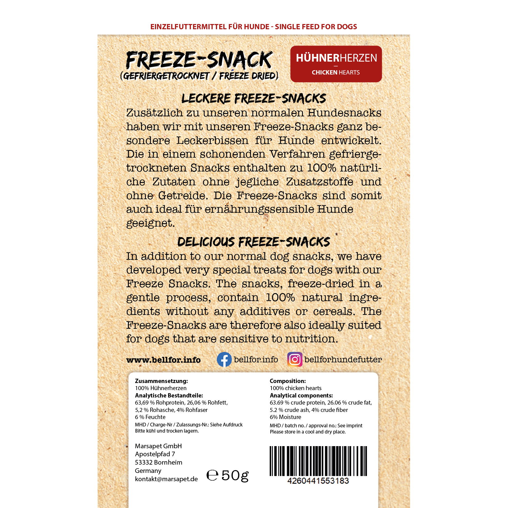 Freeze-snack pour chiens - cœurs de poulet (lyophilisés) - 50g