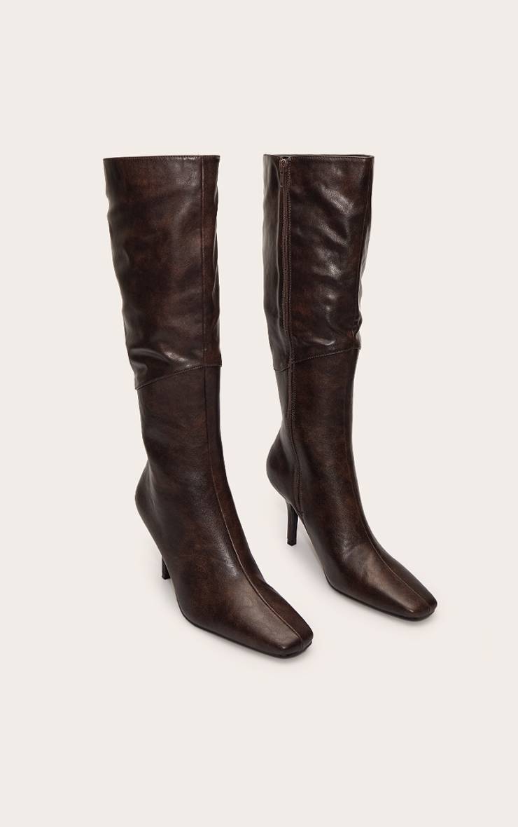 Chocolat Botte Haute À Talon Avec Détails De Coutures En Synthétiquecuir