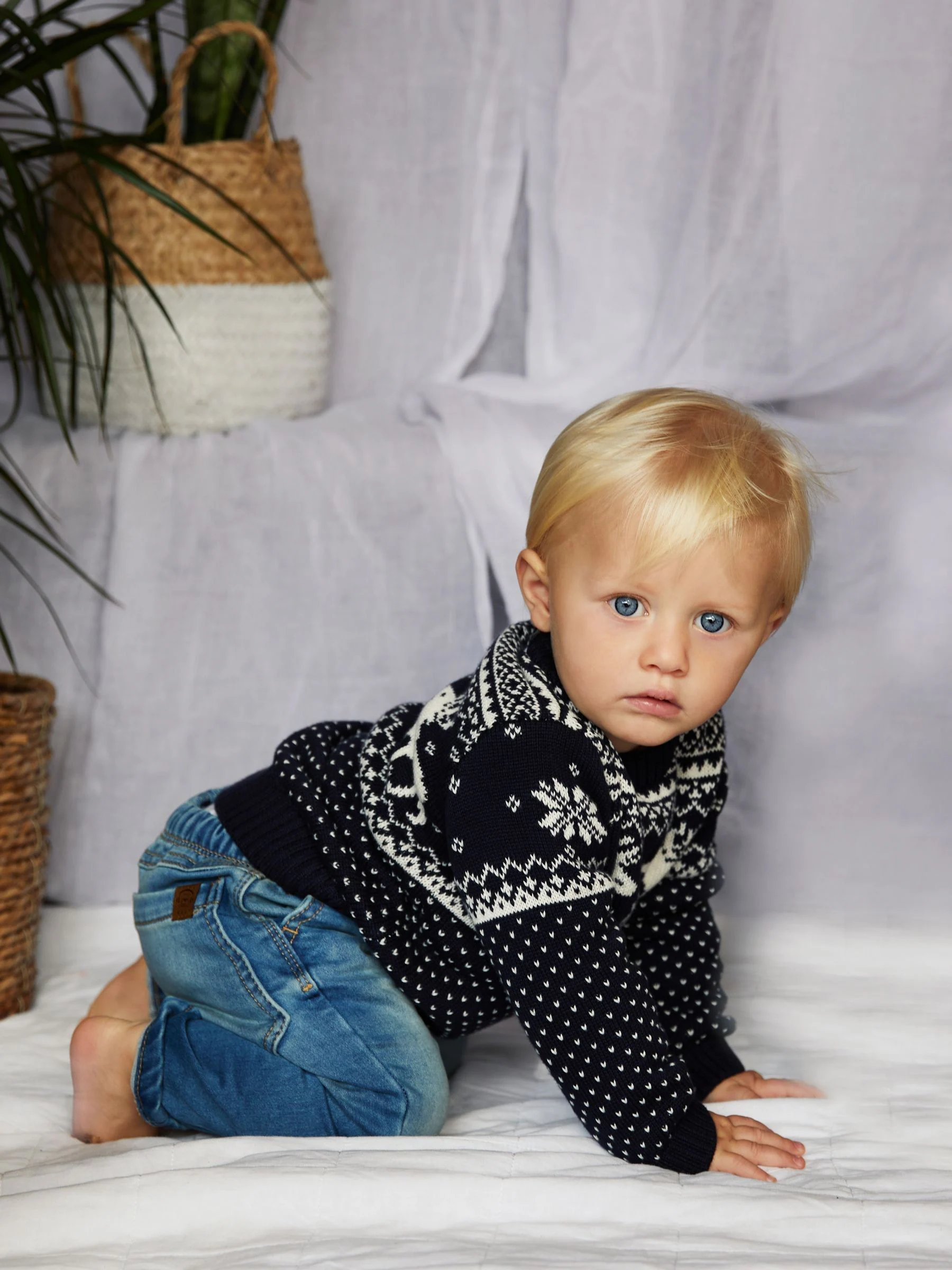 Marineblauw - Kersttrui voor baby's met rendieren en fairislepatroon