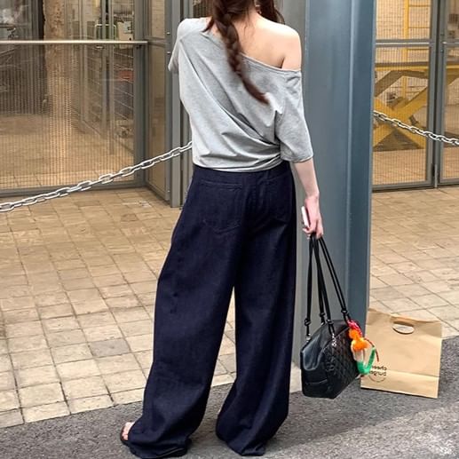 Ranniksa - Lage taille gewassen geplooide wijde pijpen jeans