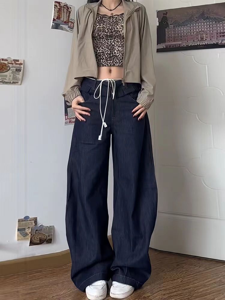 Coline - Lage taille, geplooide afwerking, gewassen wijde cargojeans