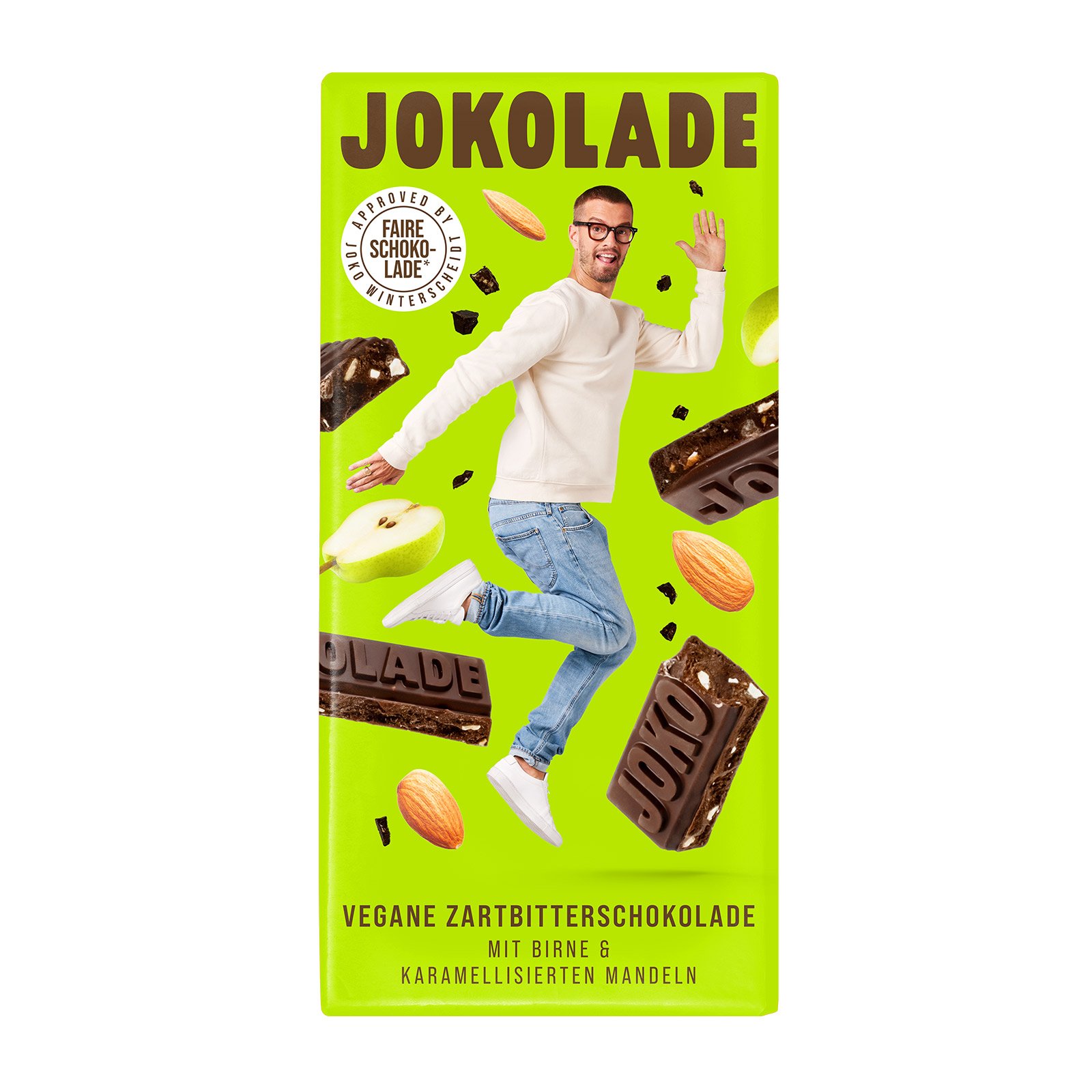 Jokolade Zartbitterschokolade mit Birne & karamellisierten Mandeln