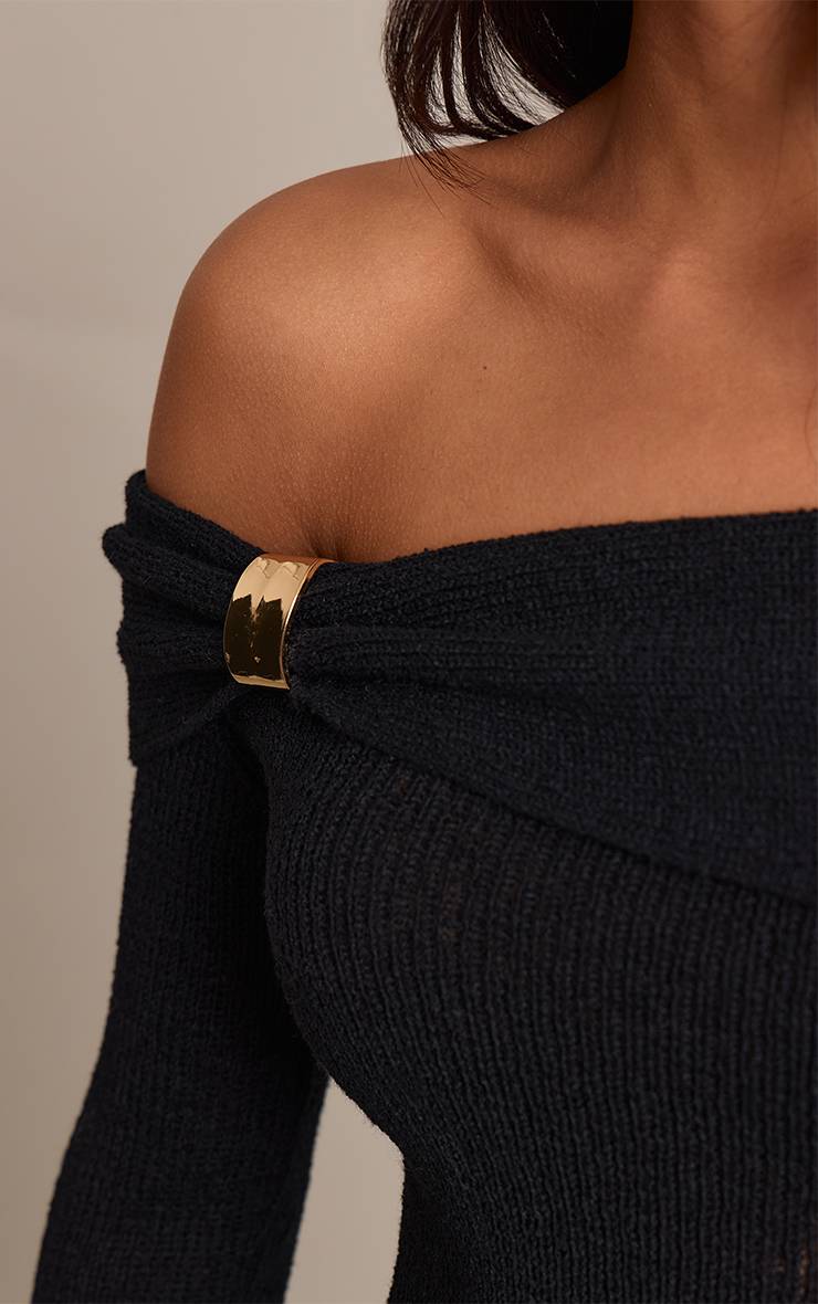 Noir Robe En Maille À Encolure Bardot Avec Détails Dorés