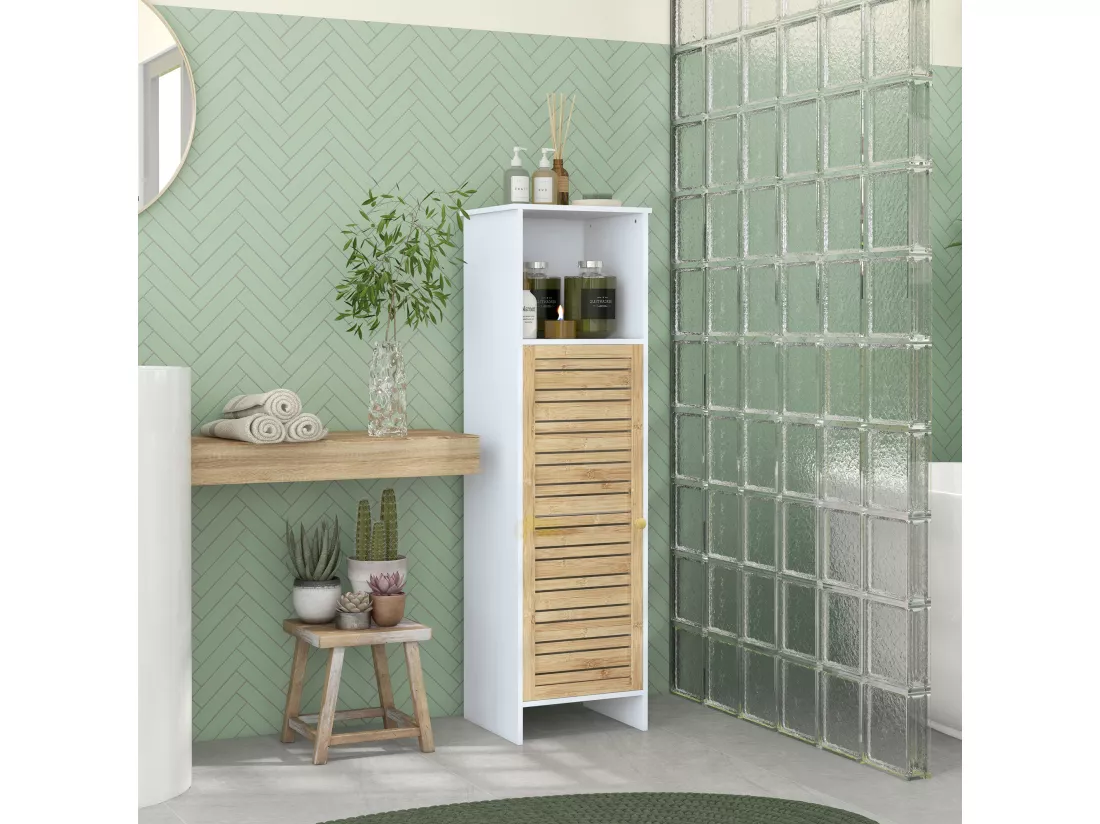 Meuble colonne salle de bain style cosy chic porte étagère niche blanc bambou