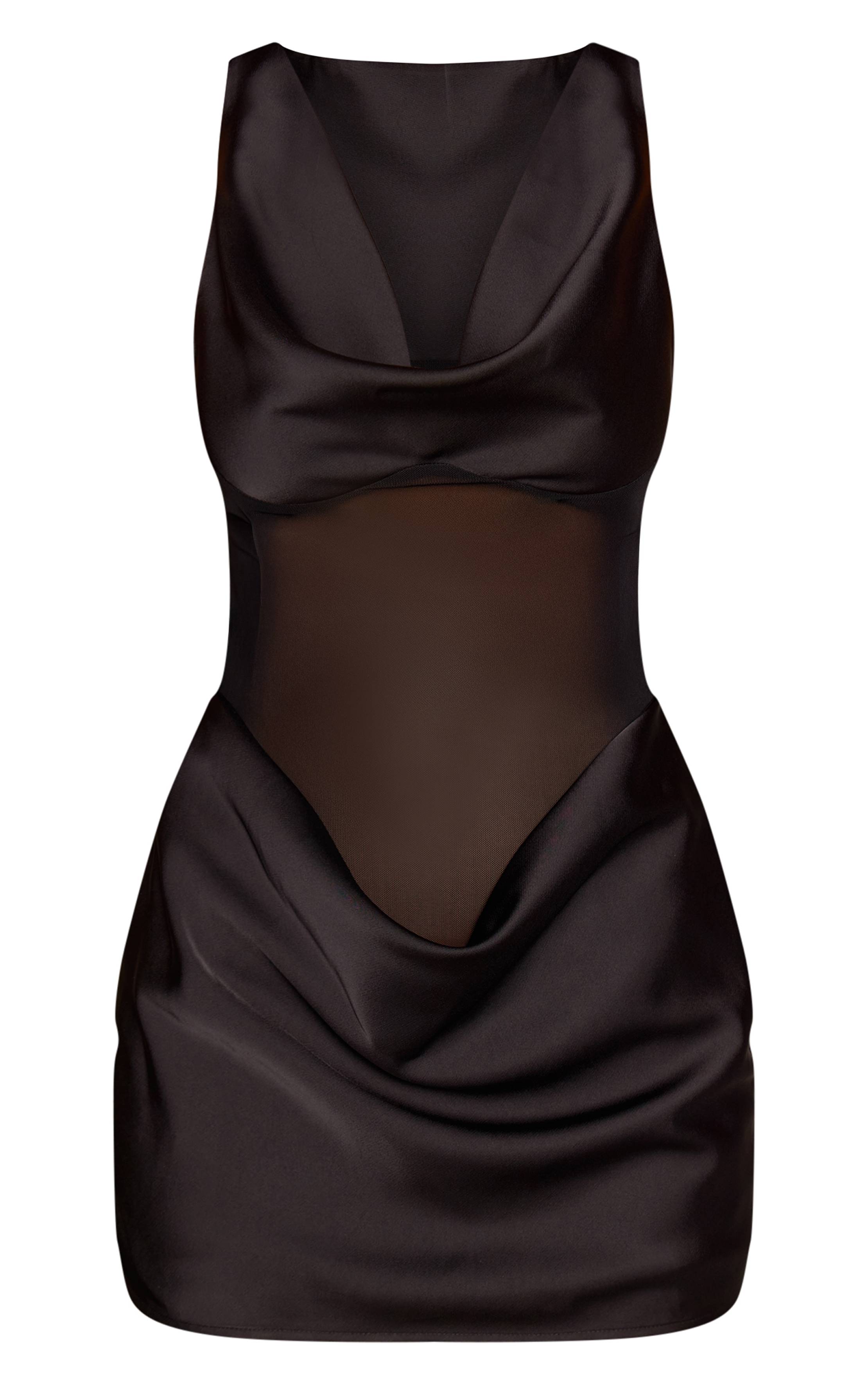 Noir Robe Mini En Satin Avec Détails De Panneaux En Mesh