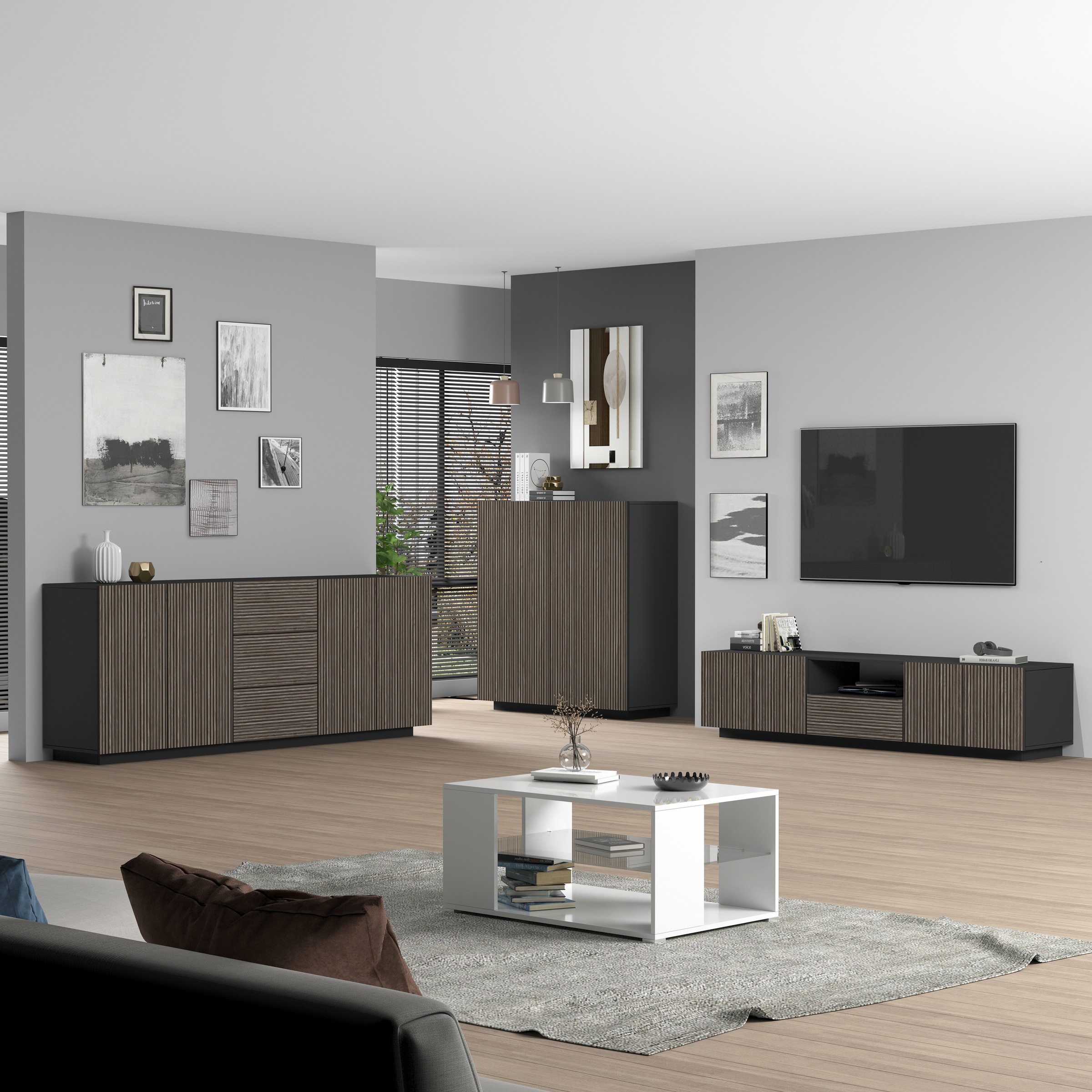 INOSIGN Lowboard »Vega,Lowboard,TV Board,TV Schrank,220 cm« mit 4 Türen und 1 Schublade,Fronten mit Rillen-Optik