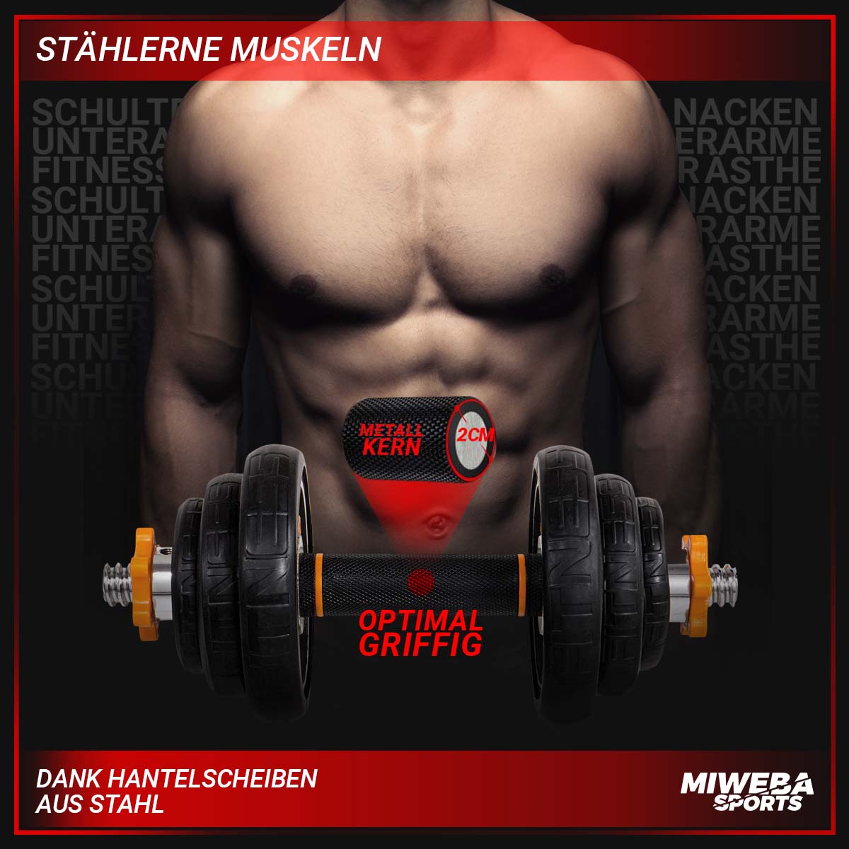 Miweba Sports FED 4in1-Hantelset, Kurzhanteln, Langhantel, Hantelscheiben Stahl, 20/30 kg, Koffer (ohne Kugelhantel-Griffen, 20 Kg schwarz)