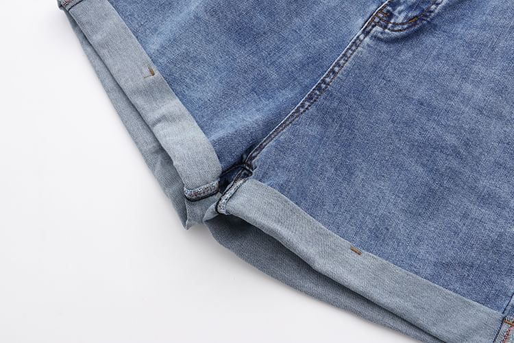 uliaque - Plus Size Elastische Taille Oprolbare Zoom Gewassen Denim Shorts