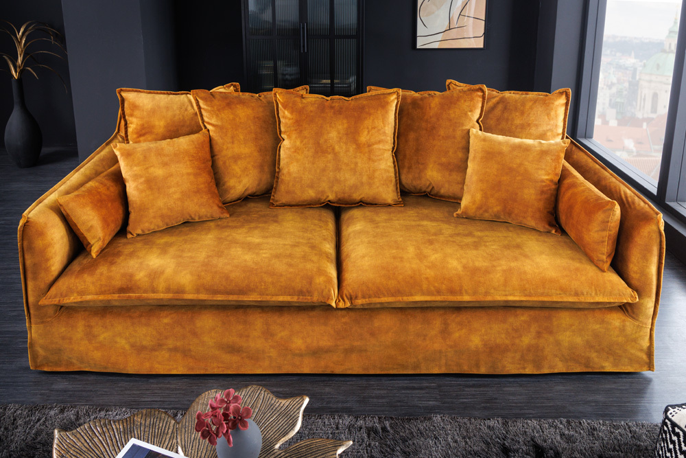 Großes 3-Sitzer Sofa HEAVEN 200cm senfgelb Samt Federkern waschbarer Bezug Hussensofa Couch
