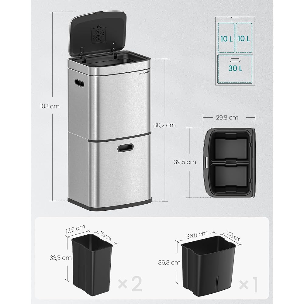 SONGMICS Poubelle de Cuisine, Poubelle à 3 Compartiments, 2 x 10 L et 30 L, Acier, Gain de place, Seaux intérieurs, Filtre à Charbon, 39,5 x 29,8 x 80,2 cm, Argent Métallique LTB551E50 : Cuisine et Maison