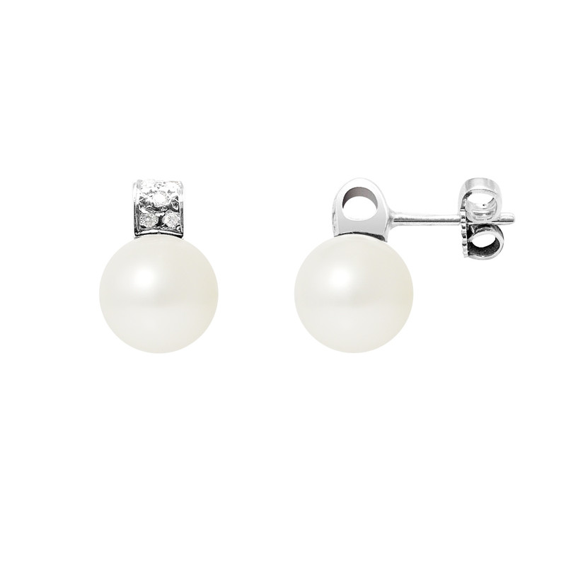 Boucles d'Oreilles Perles de Culture Blanches, Diamants et Or Blanc 750/1000