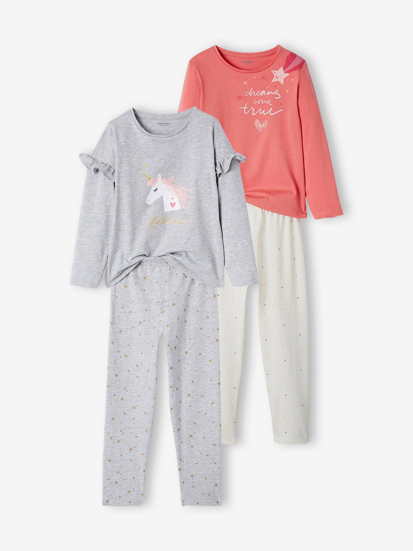 Conjunto de 2 pijamas de unicórnio, lisos, cinza claro com estampas para meninas.