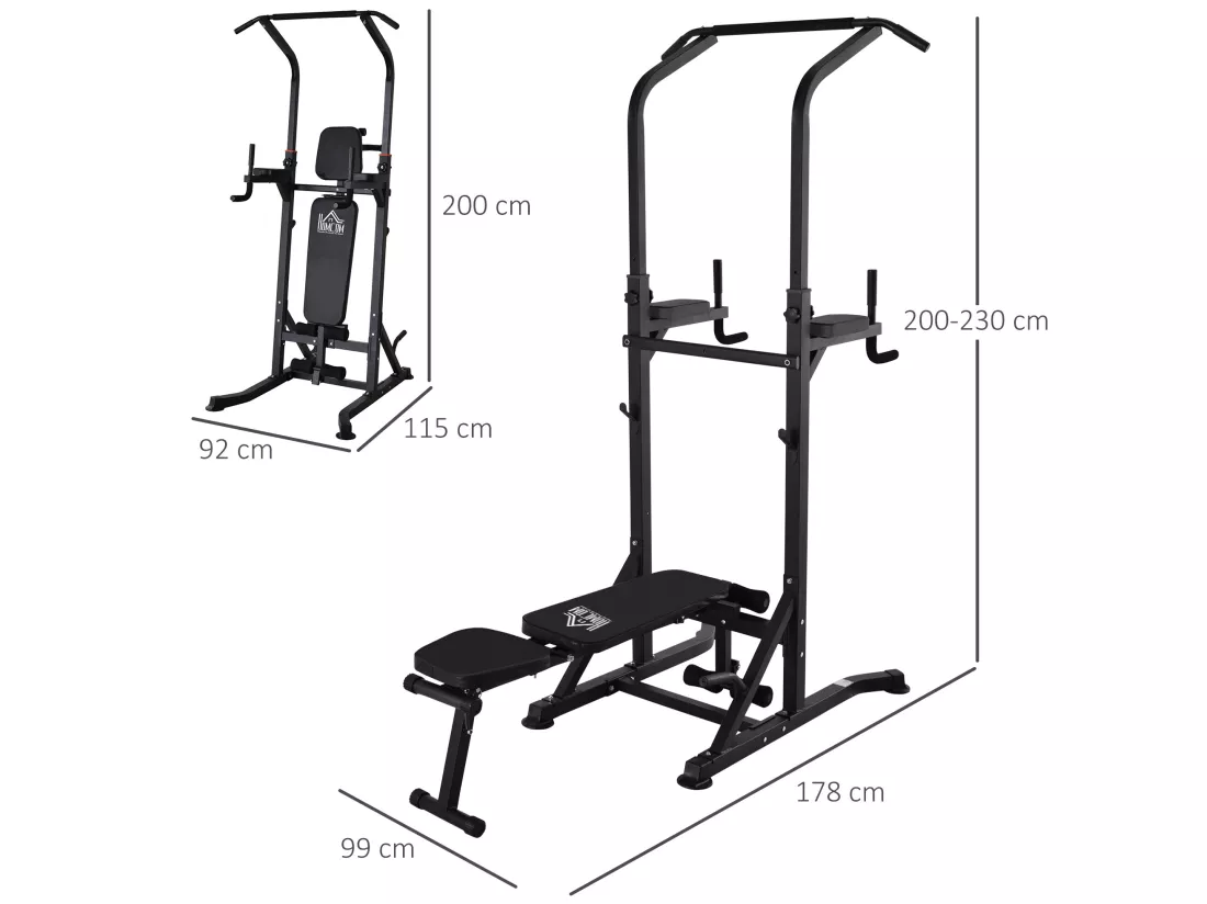 Station de musculation Fitness entrainement complet - barre de traction, à dips, banc de musculation pliable, poignées push-up - acier noir