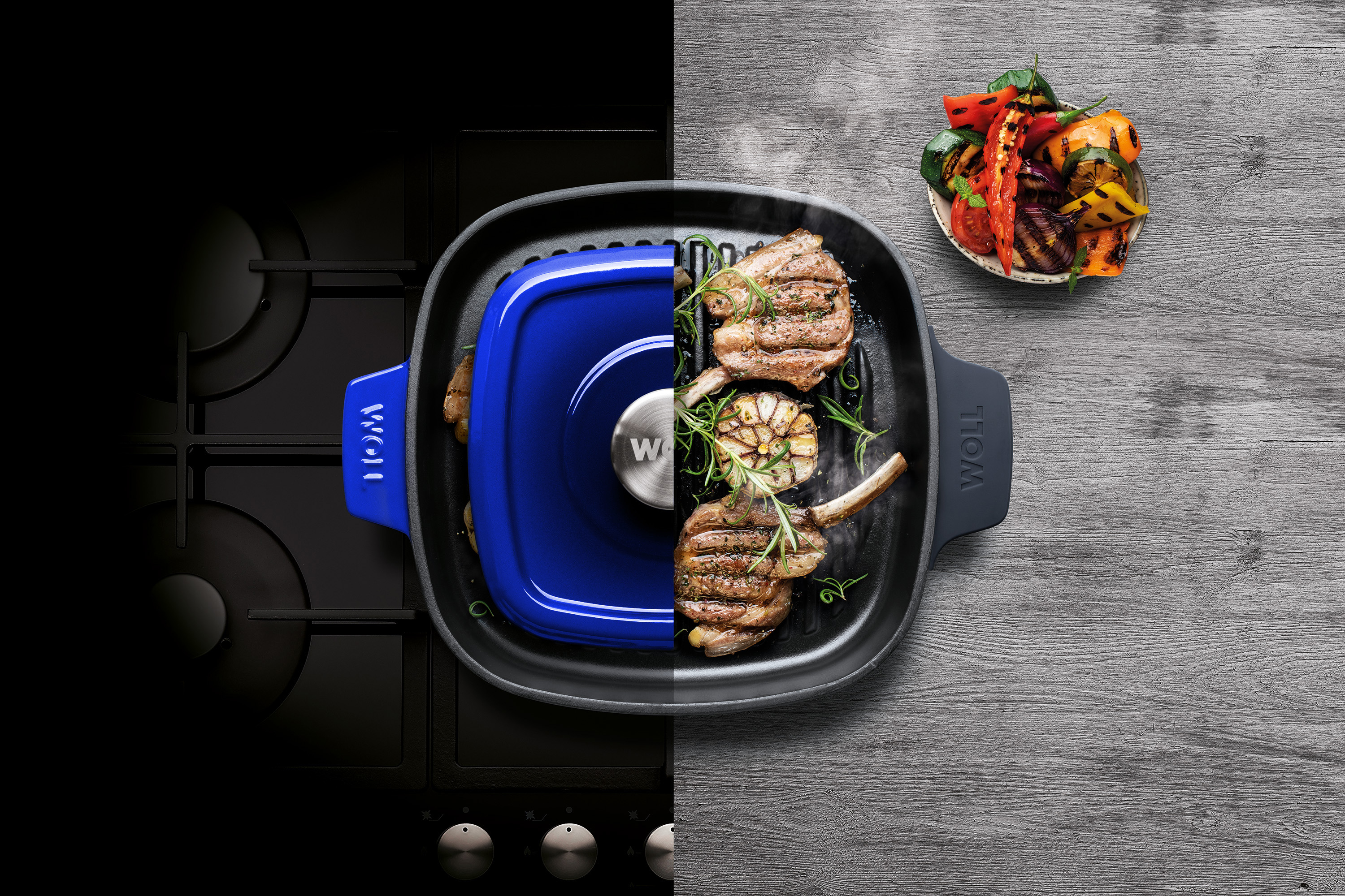 Iron Guss-Grillpfannen-Set mit Küchenzange, 24 x 24 cm - Farbe: Cobalt Blue