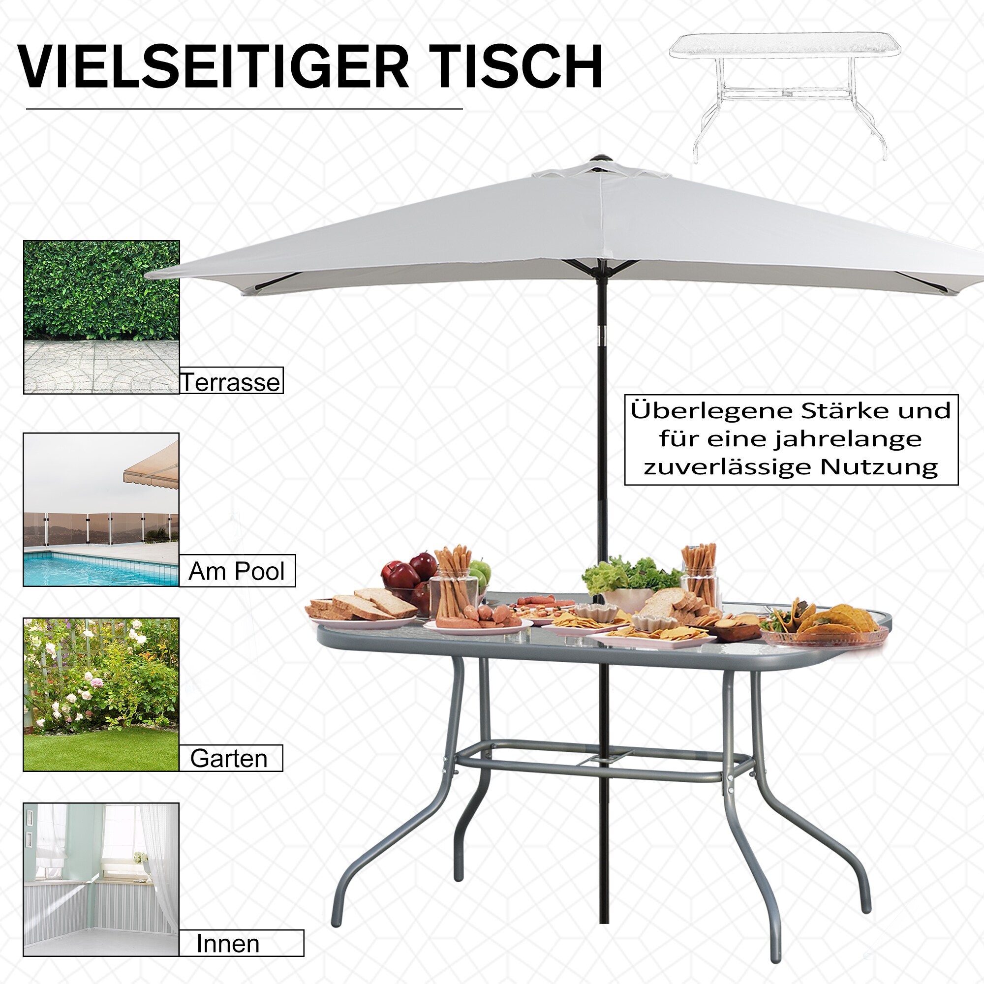 Outsunny Gartentisch mit Schirmloch carbongrau 120 x 80 x 70 cm (LxBxH)