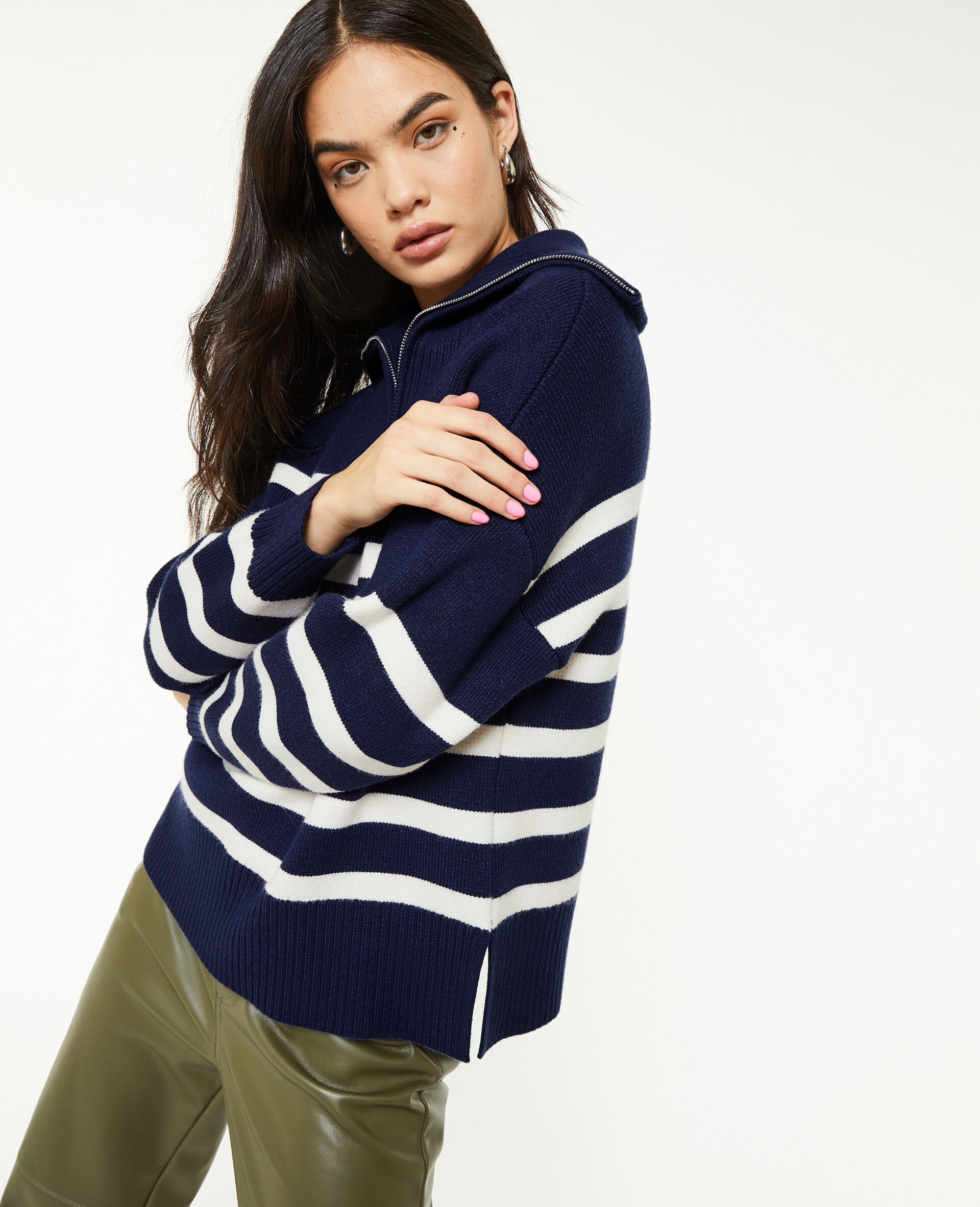 Pull droit col camionneur rayé - Bleu marine