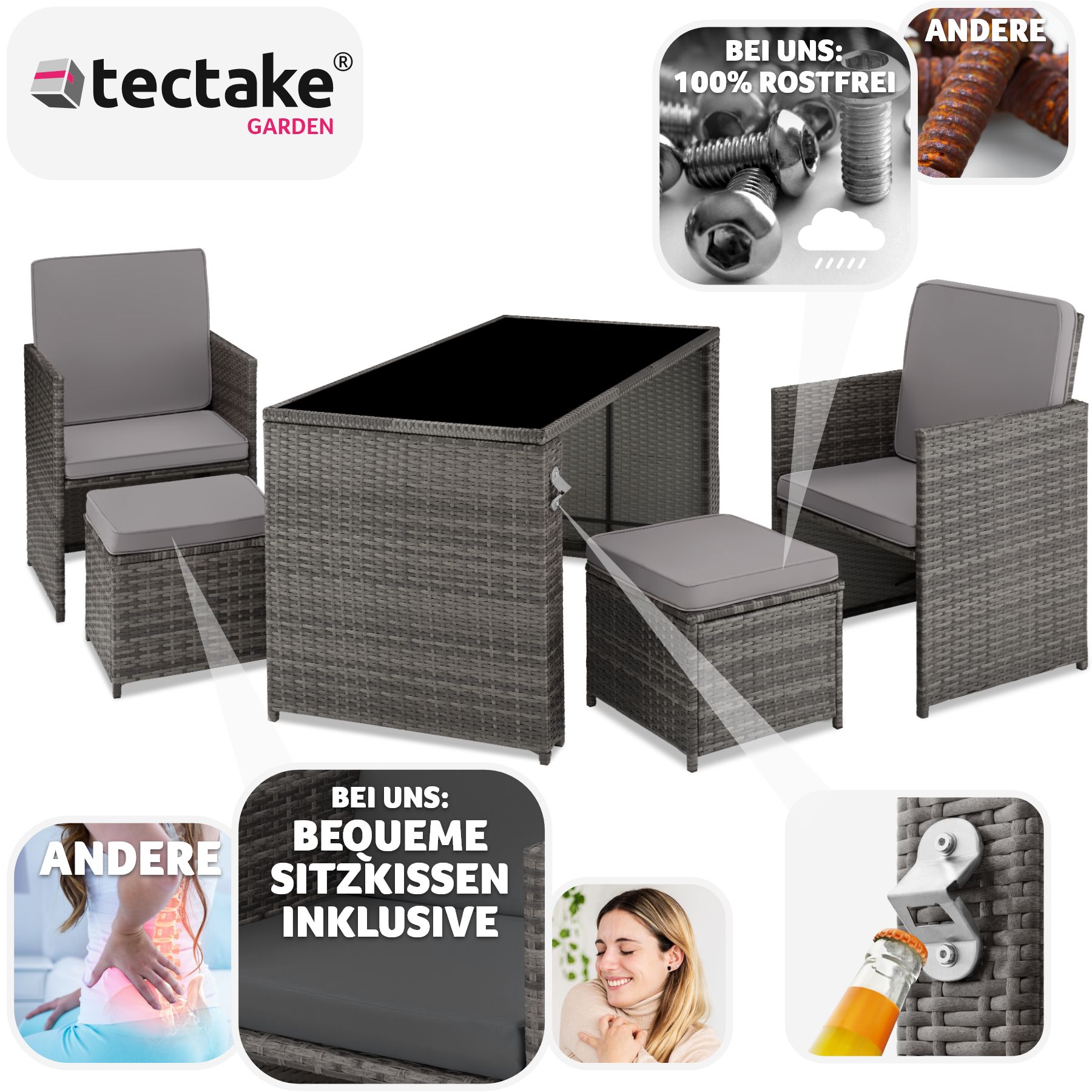 tectake® Rattan Sitzgruppe, für 2 bis 4 Personen, UV-beständig, inklusive Flaschenöffner, zusammenschiebbar