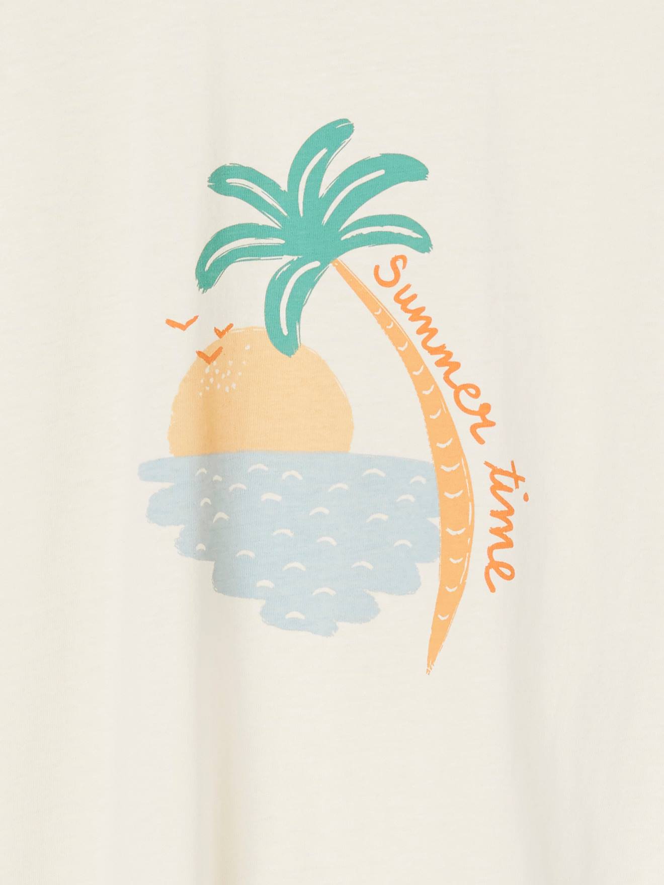 Camiseta infantil feminina com estampa de verão e mangas na altura dos ombros, na cor off-white.