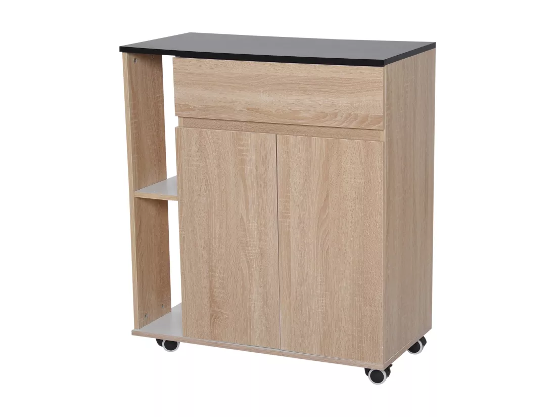 HOMCOM Chariot de service desserte de cuisine à roulettes multi-rangements placard double portes + 2 étagères + tiroir panneaux particules chêne noir