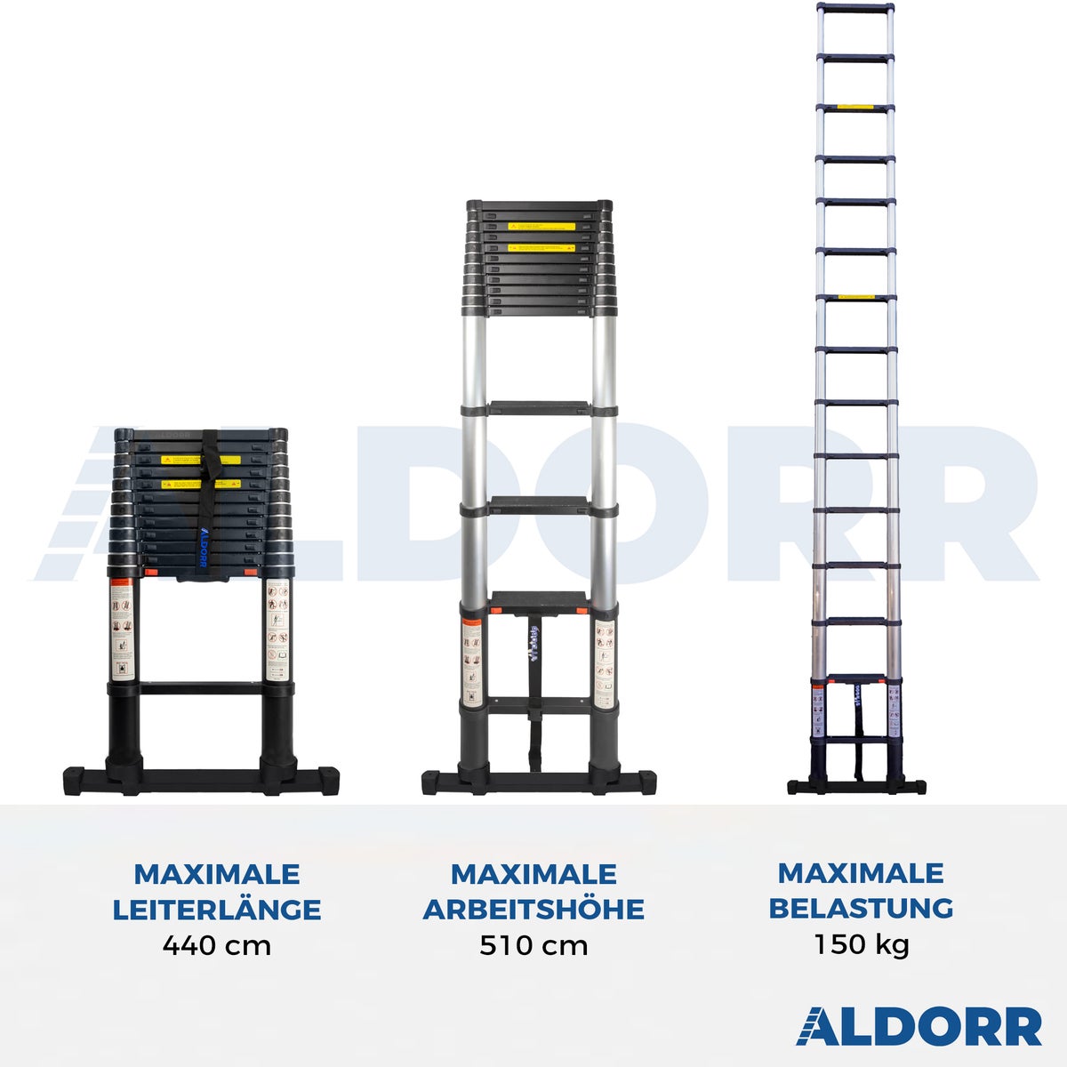 ALDORR Professional - Telescopische ladder van 4,40 m met uitschuifbare stabilisatiestang - Draagvermogen tot 150 kg - Soft-Close systeem