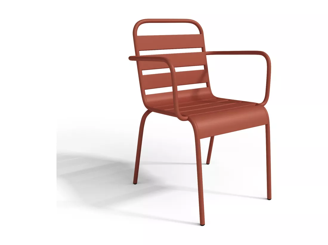 Salle à manger de jardin en métal - une table ronde D.130cm et 6 fauteuils empilables - Terracotta - MIRMANDE de MYLIA