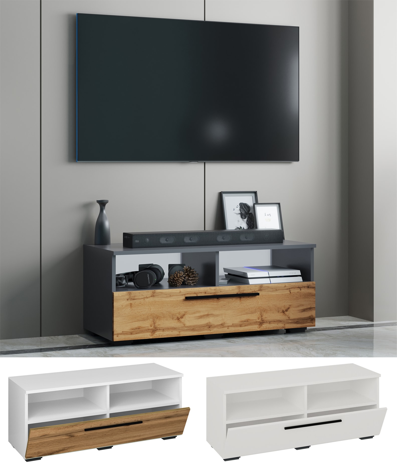 VCM Holz TV Lowboard Möbel Fernsehschrank Tisch Konsole Fernsehtisch Arila XL