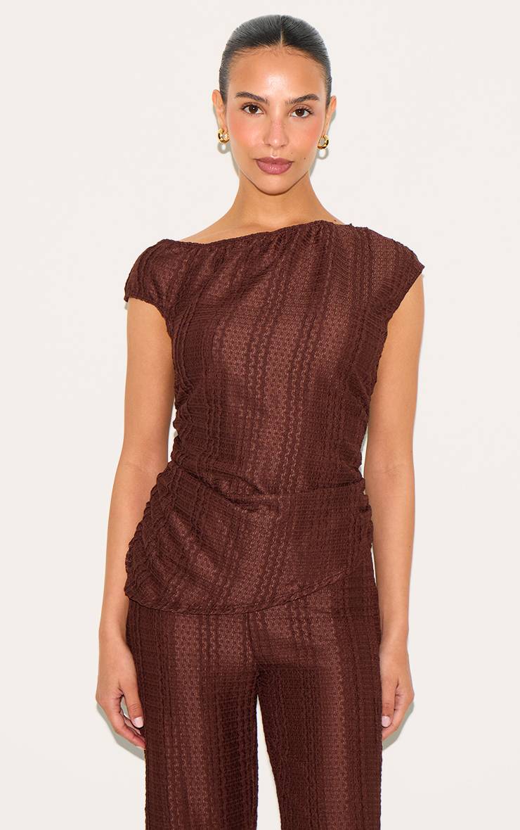 Chocolat Haut Épaule Dénudée Asymétrique Texturé Petite Taille Ensemble Coordonné