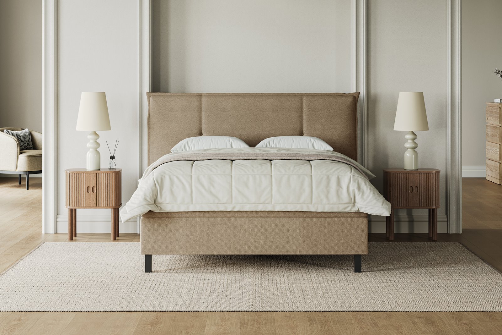 XOV Premium 15 Kontinentalseng 180x210 cm i tekstil copenhagen 904 beige, fast/fast med Premium 15 overmadrass og sort firkantede ben, gavl selges separate