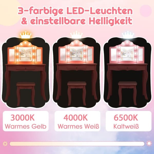 2 i 1 toalettbord for barn med LED-lys & sammenleggbart speil & skuffer hvit