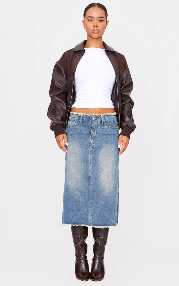 Délavage Vintage Jupe Midi En Denim À Fente Latérale Et Ourlet Brut