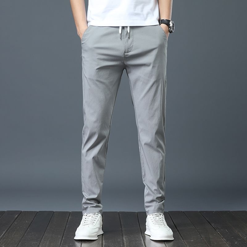 Denimic - Effen slim fit broek met trekkoordtaille