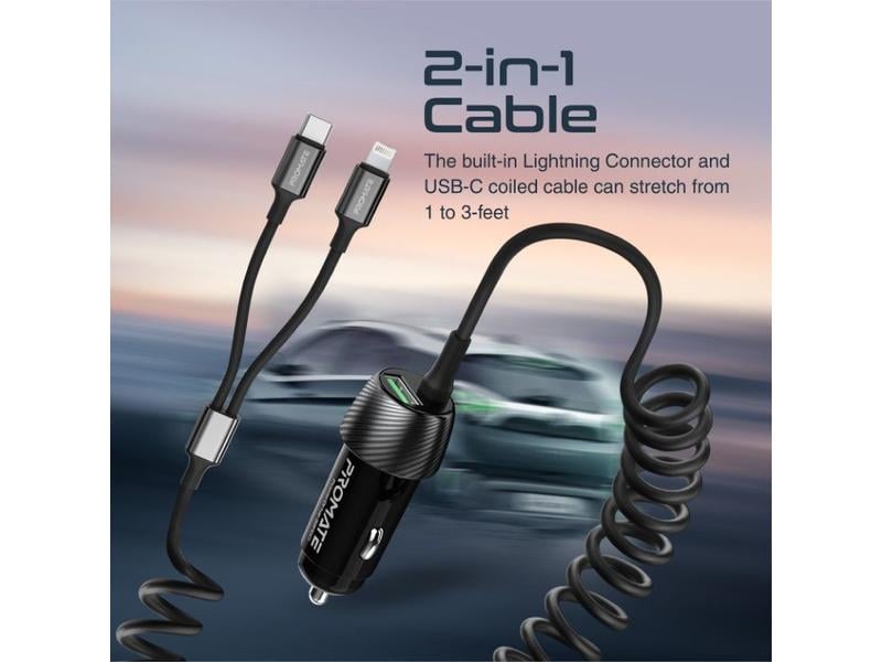 Promate Autoladegerät PowerDrive-33PDCI QC3.0, Car Charger Schnelllade-Adapter mit USB-C und Lightning Spiralkabel