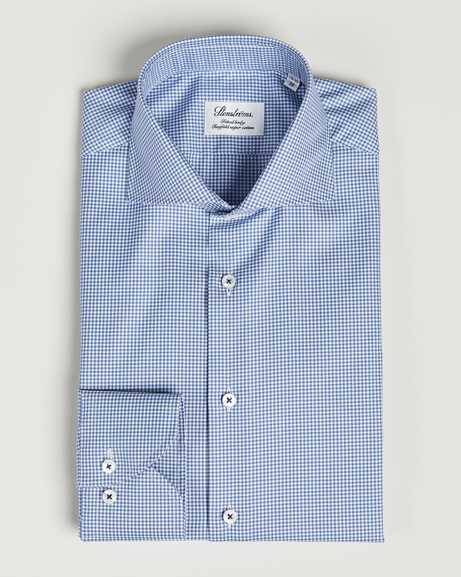 Stenströms Fitted Body Small Check Cut Away Shirt Blue