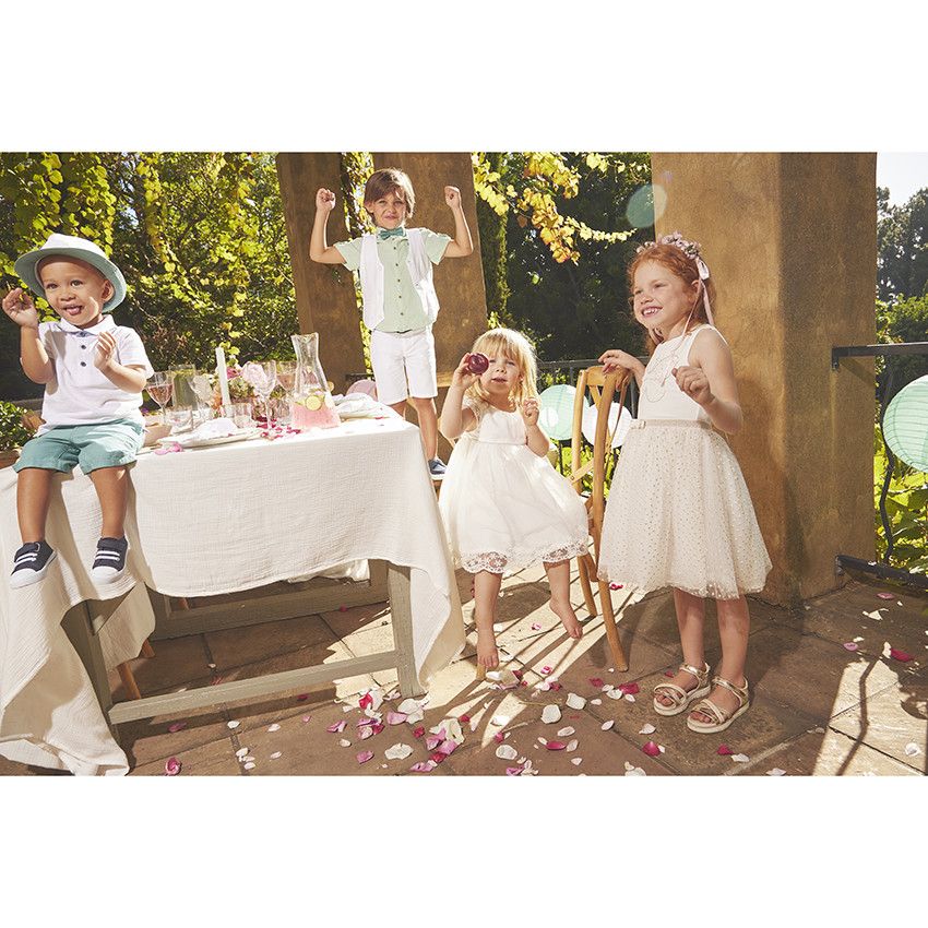 Ensemble de cérémonie robe en tulle brodé + bloomer pour bébé fille - Ecru