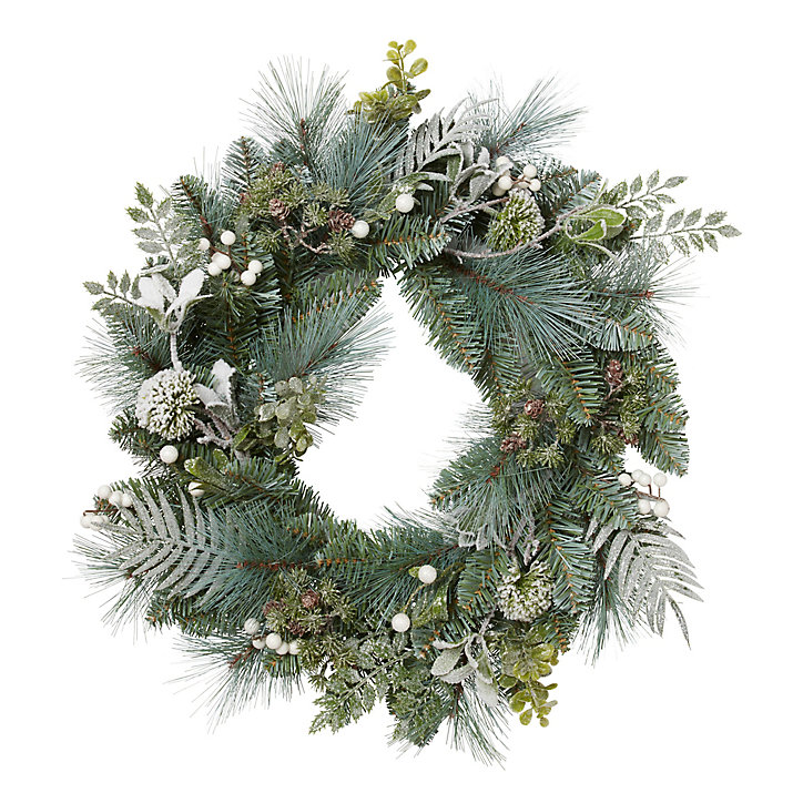 Couronne de Noël avec feuillage mixte blanchi esprit nature, diam 60 cm