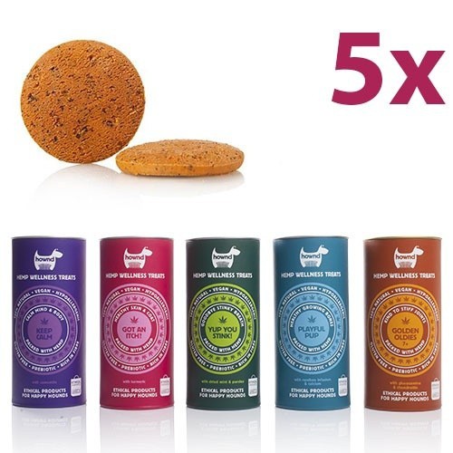 Pacote com 5 petiscos veganos funcionais para cães.