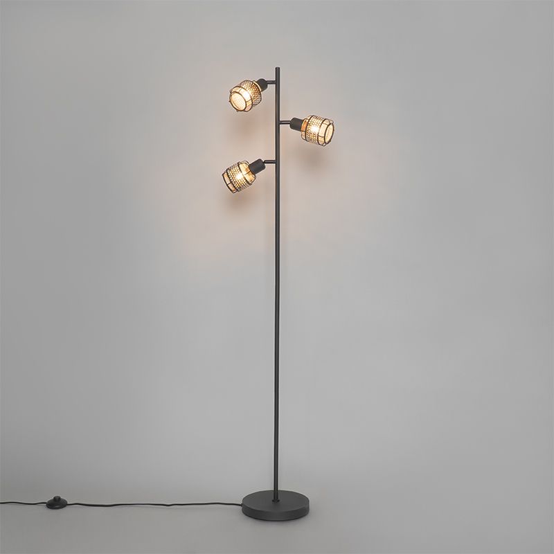 Design vloerlamp zwart met goud 3-lichts - Noud