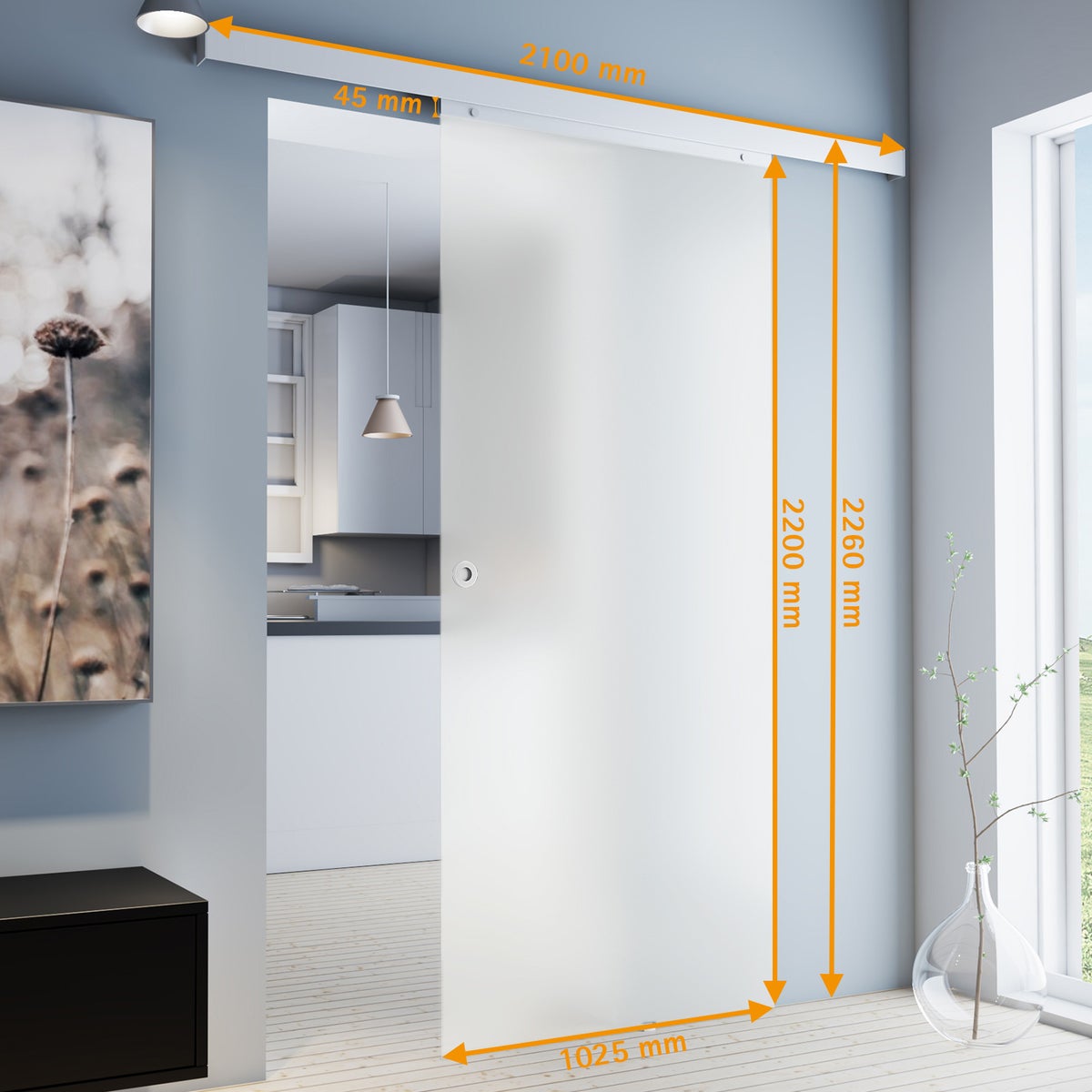 Schuifdeur van glas, mat, 1025x2200 mm, binnendeur, glazen schuifdeur - verzonken handgreep + 2-zijdige softclose