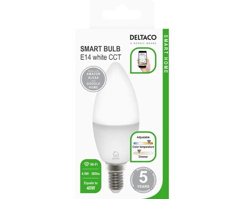 Deltaco Smart E14 Vit, WiFi, 4.5W, 2700K-6500K, dimbar