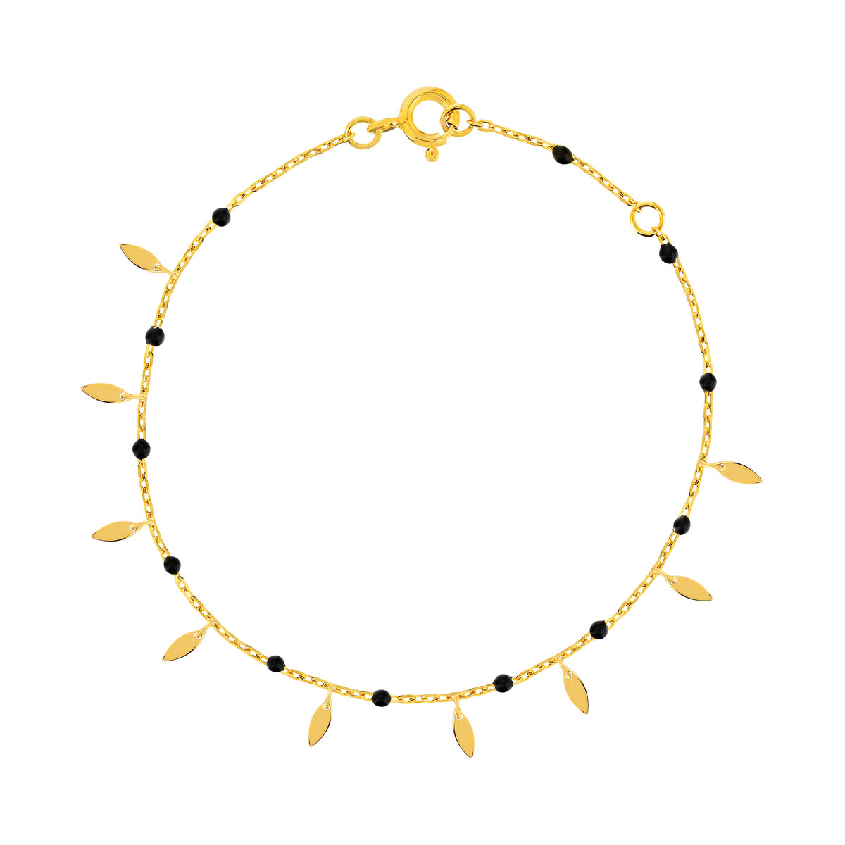 Bracelet plaqué or résine noire pampilles feuilles 18 cm
