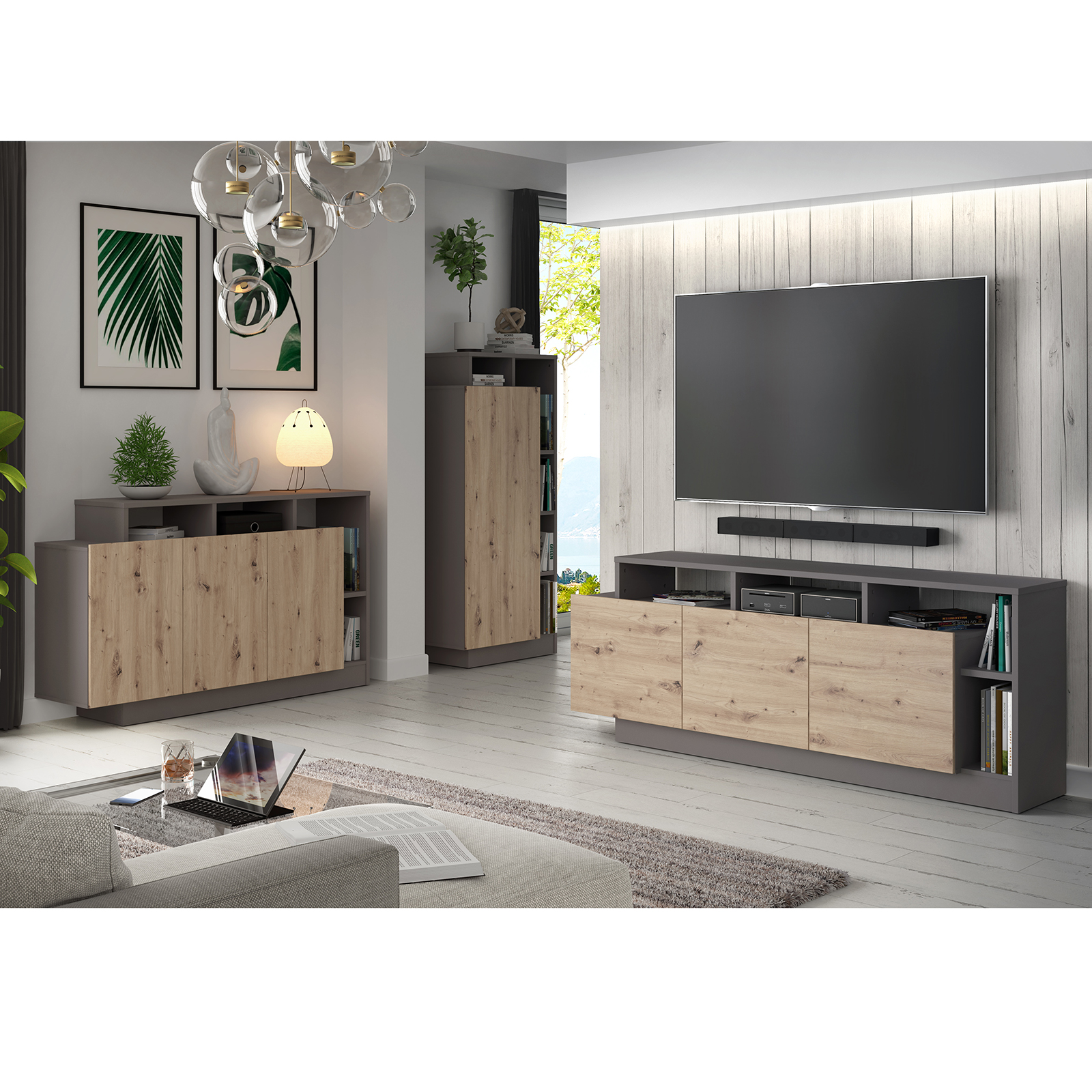 Sideboard - grau-Artisan Eiche - 155 cm breit