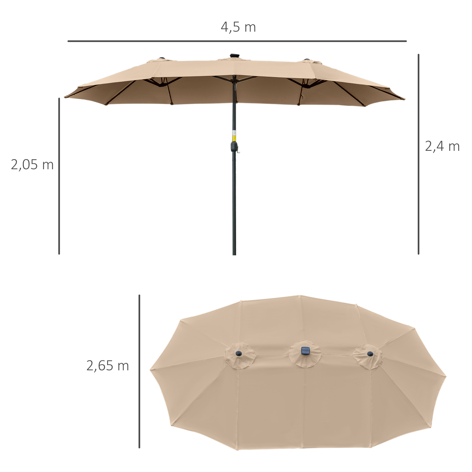 Guarda-sol duplo de jardim Outsunny com 48 luzes solares LED, 450x265x240 cm, com manivela, proteção solar para terraço, varanda e piscina, cor cáqui.