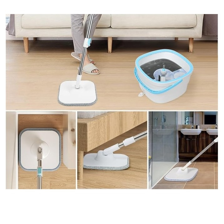 (5-tlg. Set) Dreh Wisch Mopp Bodenreiniger mit Auswringfunktion / Doppelkammer Eimer / Mikrofaser Pads - Weiss / Blau