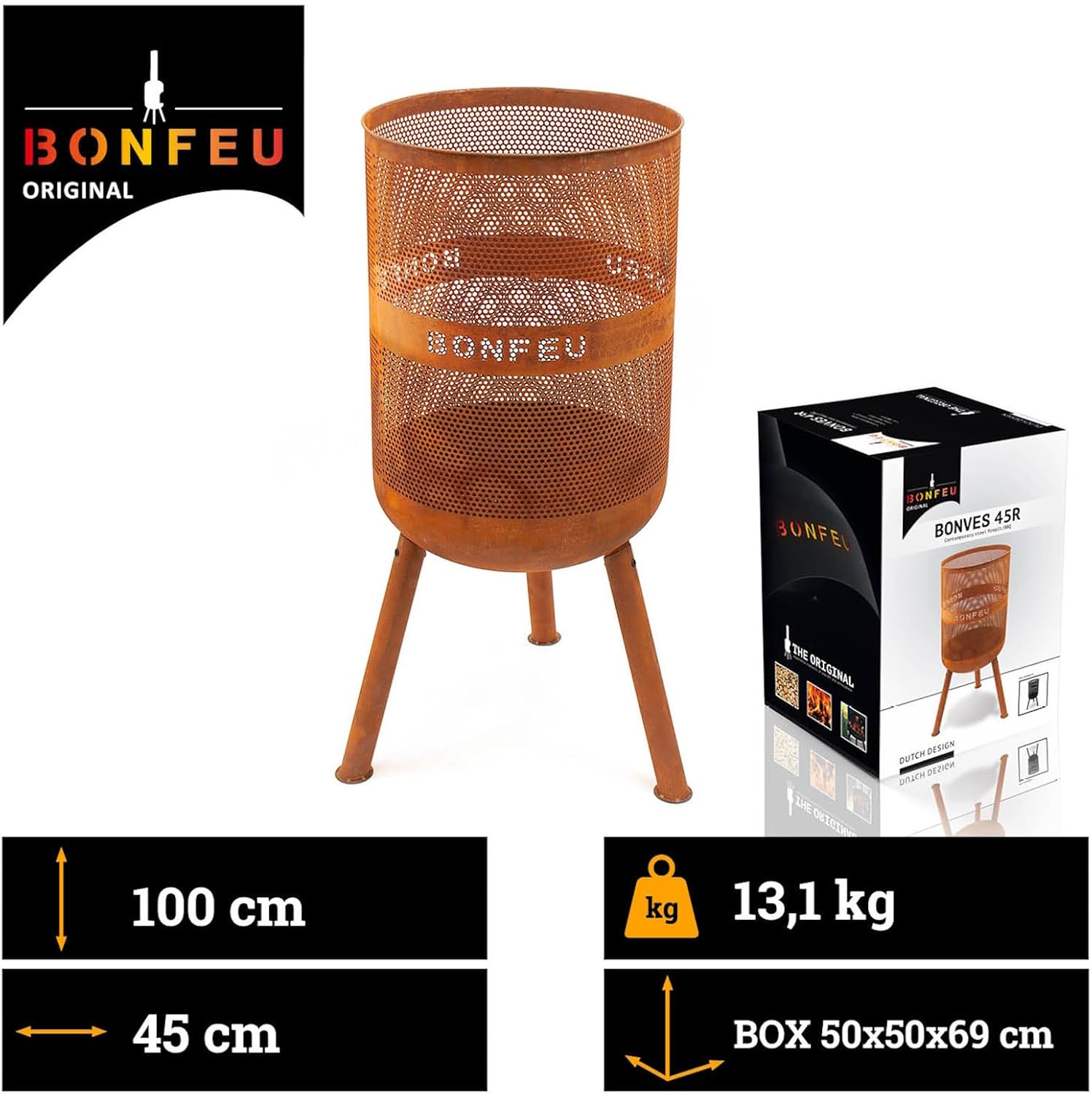 BonFeu Bonves Ø 45cm Rost - Feuerkorb für den Garten - Feuertonne & Feuerstelle - aus stabilem Stahl - Mit Grillrost & Schürhaken zum Kochen - Feuerkorb mit Grillrost